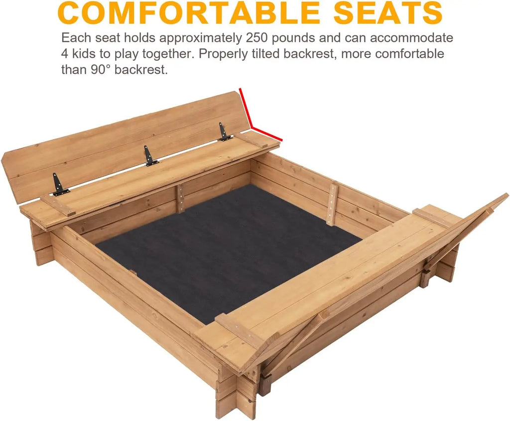 Wood Sandbox with 2 Bench Seats, Sand Boxes with Lid for Kids, Sand Pit with Cover for Outdoor Backyard Patio, 48 Inch