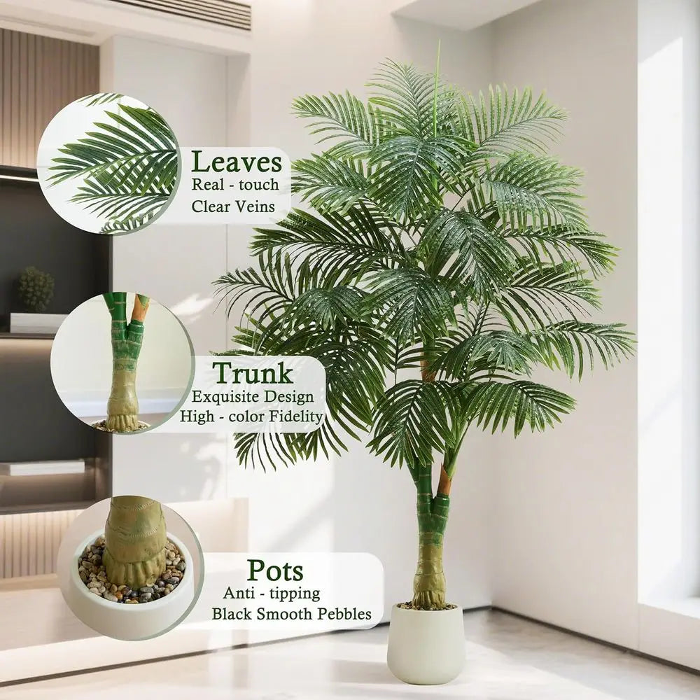 Golden Cane Palm Tree 6FT Tall Fake Plant Large Tropical Palms with 3 Realistic Trunks, Faux Palm Plant Artificial Tree in Pot f