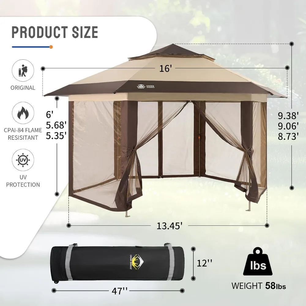 16x16 Pop up Gazebo with Mosquito Nettings, Patented Center Lock 6-Sided Portable Gazebo, 300D Silver-Coated Fabric UV Resistan