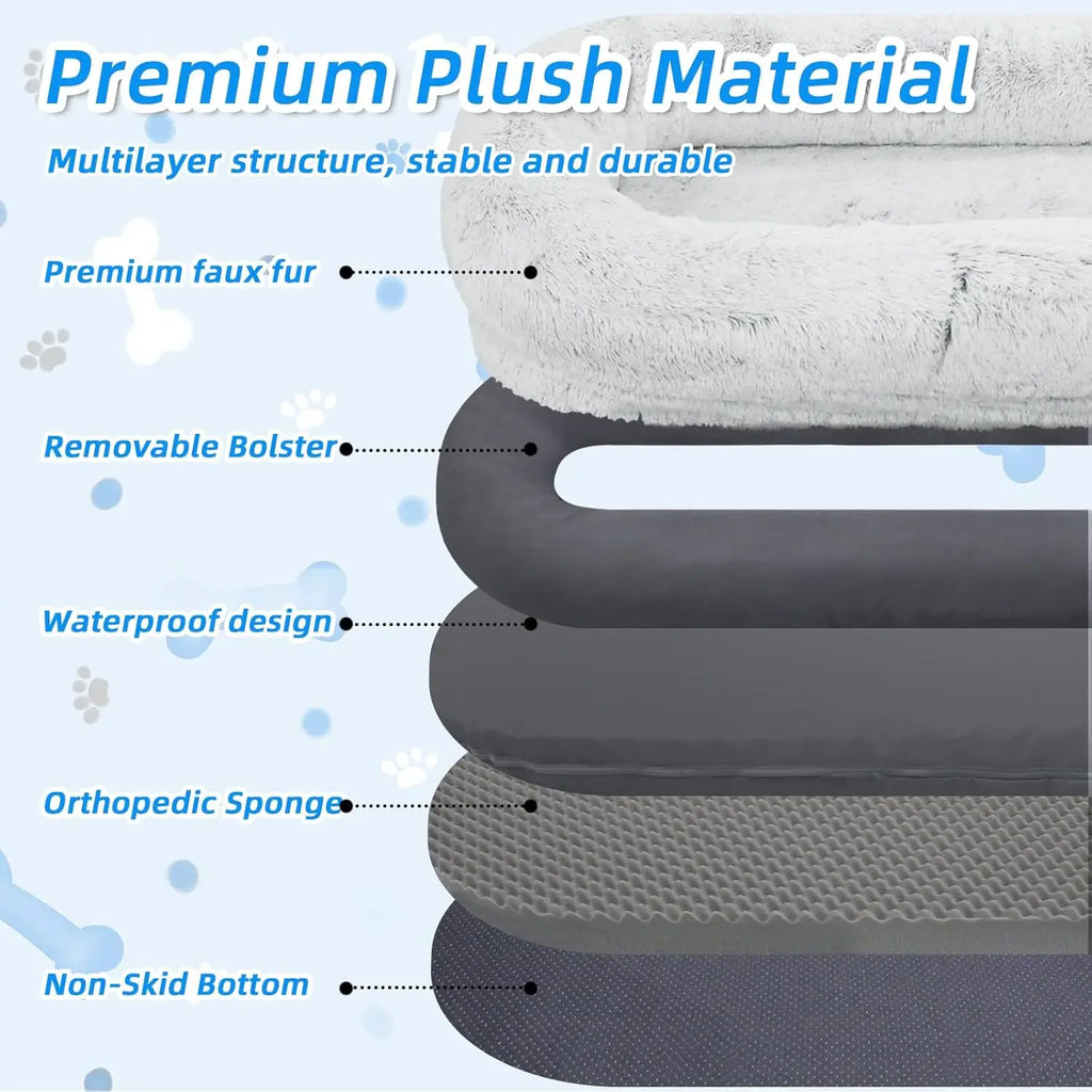 71x45x12 Inch Washable Faux Fur Pet and Human Bed with Pillow, Blanket, and Strap in Grey