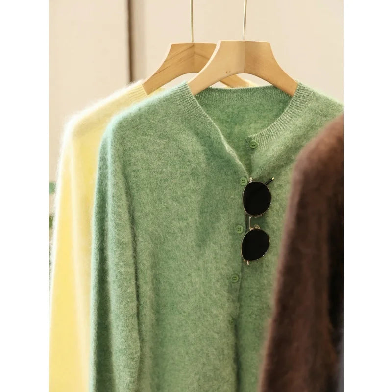 Women Fleece Wool Cashmere Sweater Cardigan Autumn Winter Round Neck Seamless Single Breasted Soft Knitwear