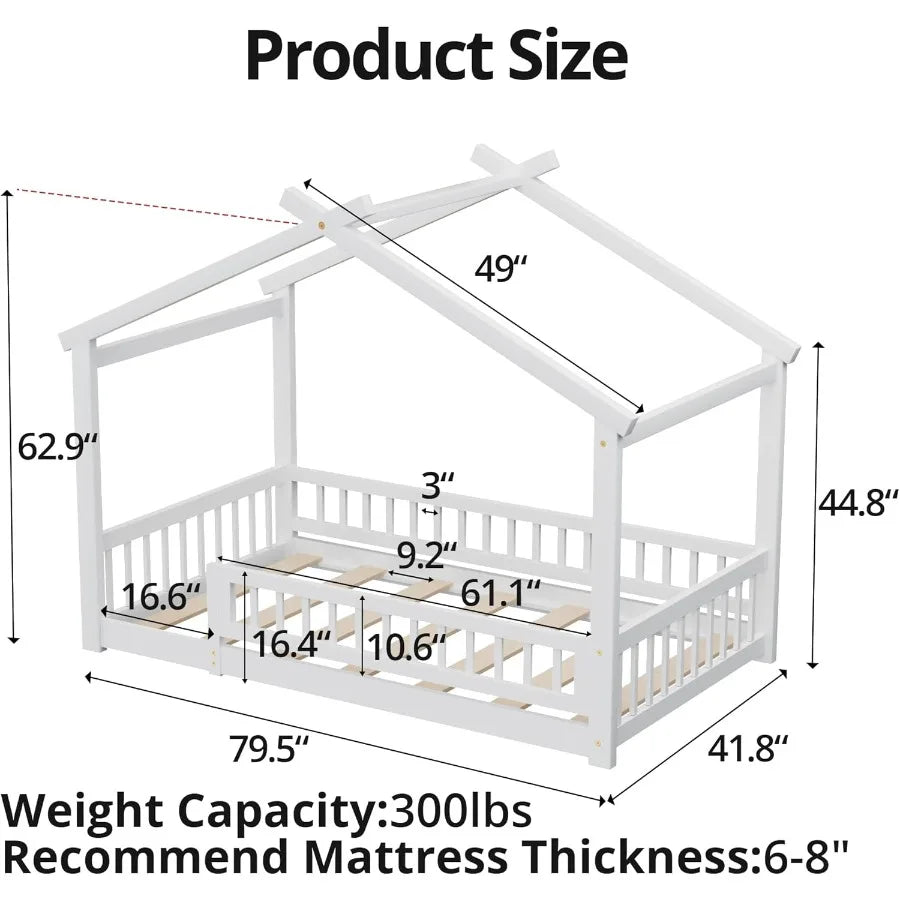 Twin House Bed with Fence Wooden Montessori Bed with Slats Support Floor Bed Frame for Boys Girls Bedroom White