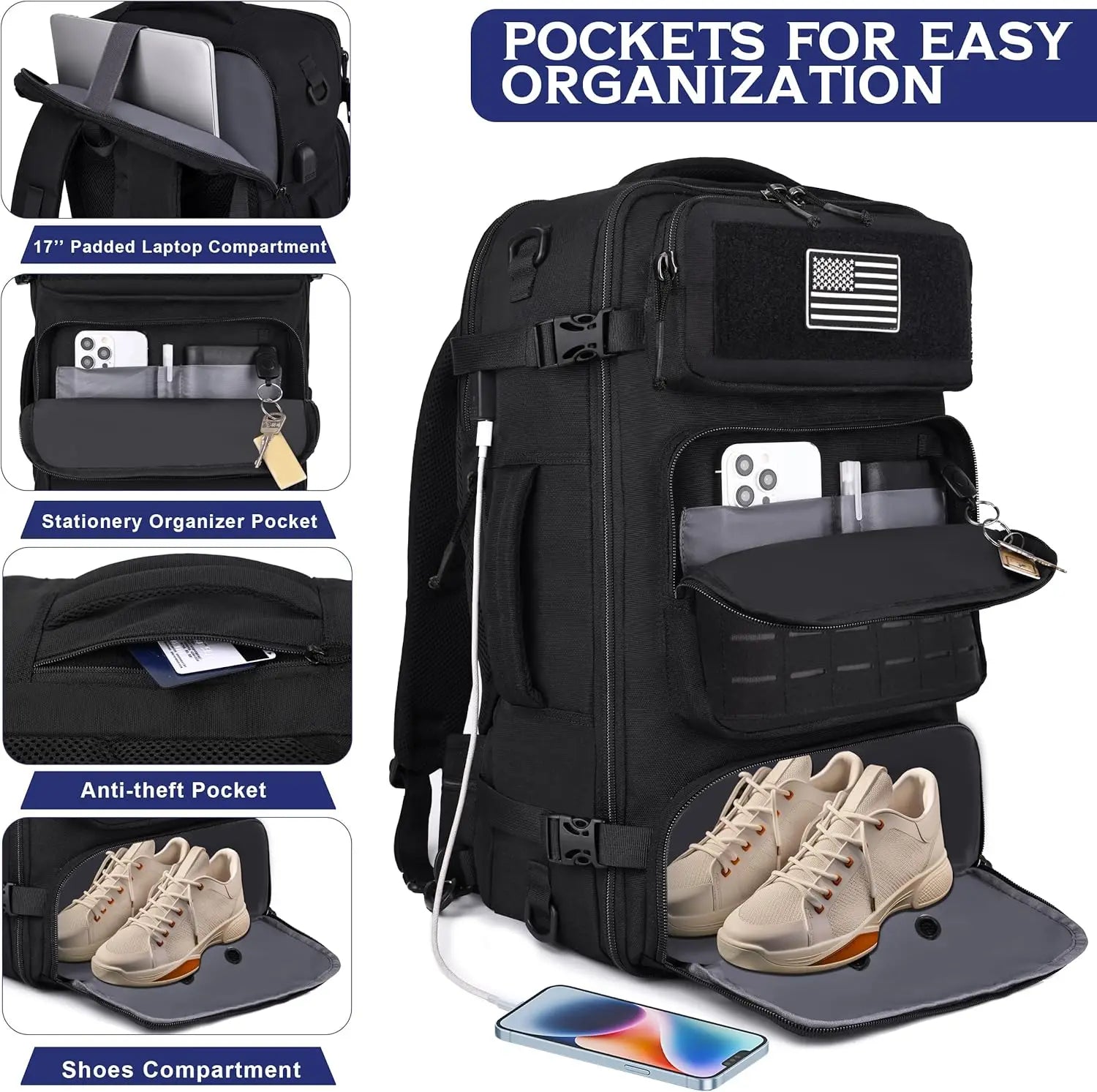 Mens 40L Travel Backpack TSA Approved USB Charging Port Water-resistant Convertible Duffle Luggage Bag Fits 17.3' Laptop