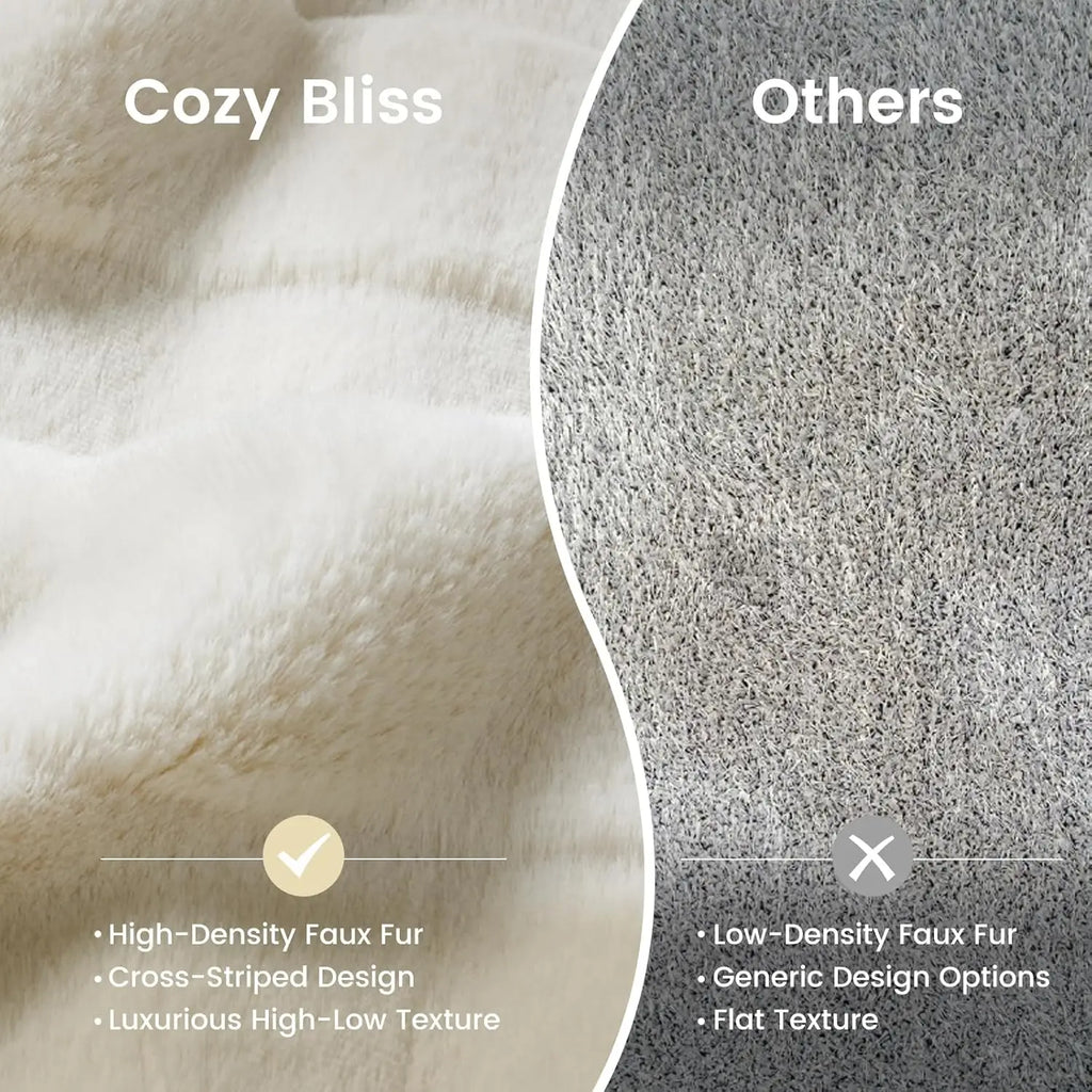Queen Size Fluffy Faux Fur Blanket, Soft Striped Plush Throw for Bed or Couch, Cream White 90x90 Inches
