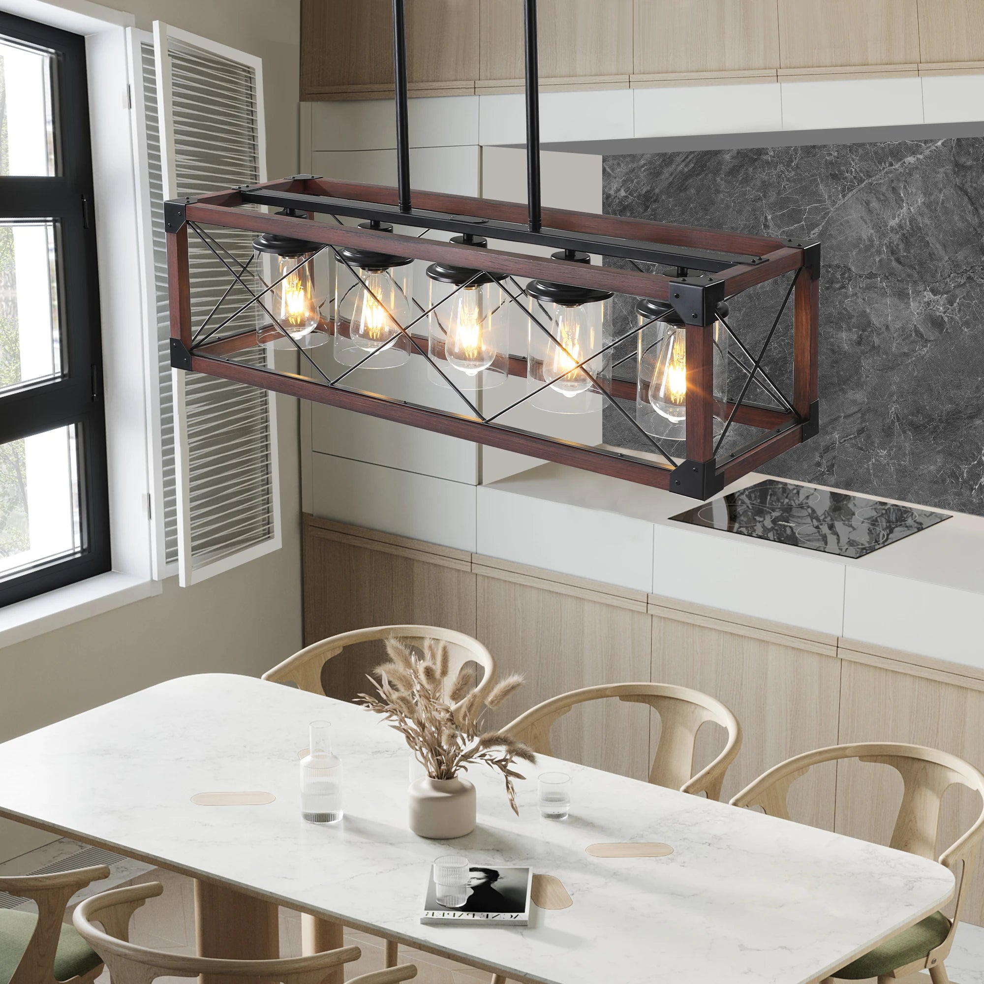 31“Industrial Farmhouse Rectangle Pendant Light - Wood & Iron Metal Frame,Glass lampshade，5-Light E26 Bulb Chandelier (No Bulbs)