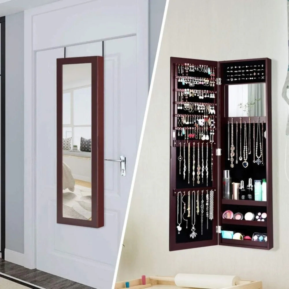 Mirrored Jewelry Cabinet Armoire Storage Organizer Wall Door Mounted Dark Brown