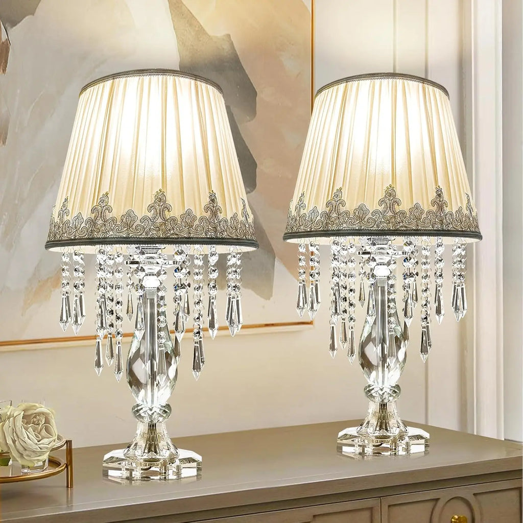 Dimmable Crystal Table Lamp Set of 2 with Fabric Shades, Farmhouse Nightstand Lamps for Living Room Bedroom