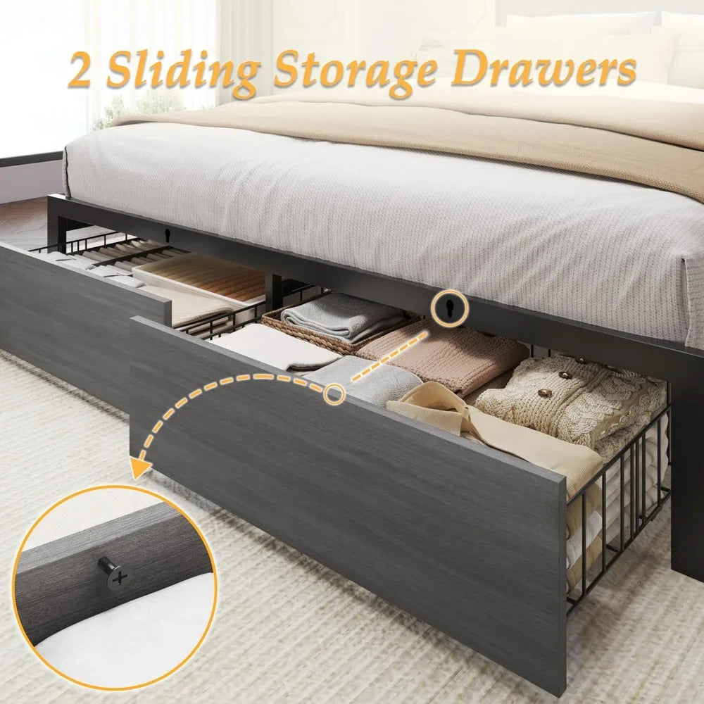 Queen Bed Frame with 2-Tier Storage Headboard, Metal Bed Frame with Storage Drawers & Built-in Charging Station & LED