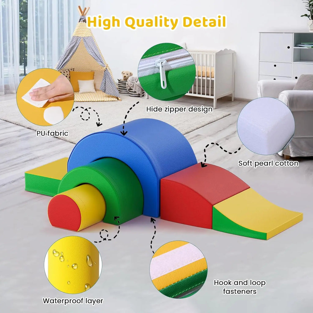 Foam Climbing Blocks, Soft Climbing Toys for Toddlers, 5 Pieces Crawl and Climb Foam Playset with Foldable Block and Tunnel, Ind