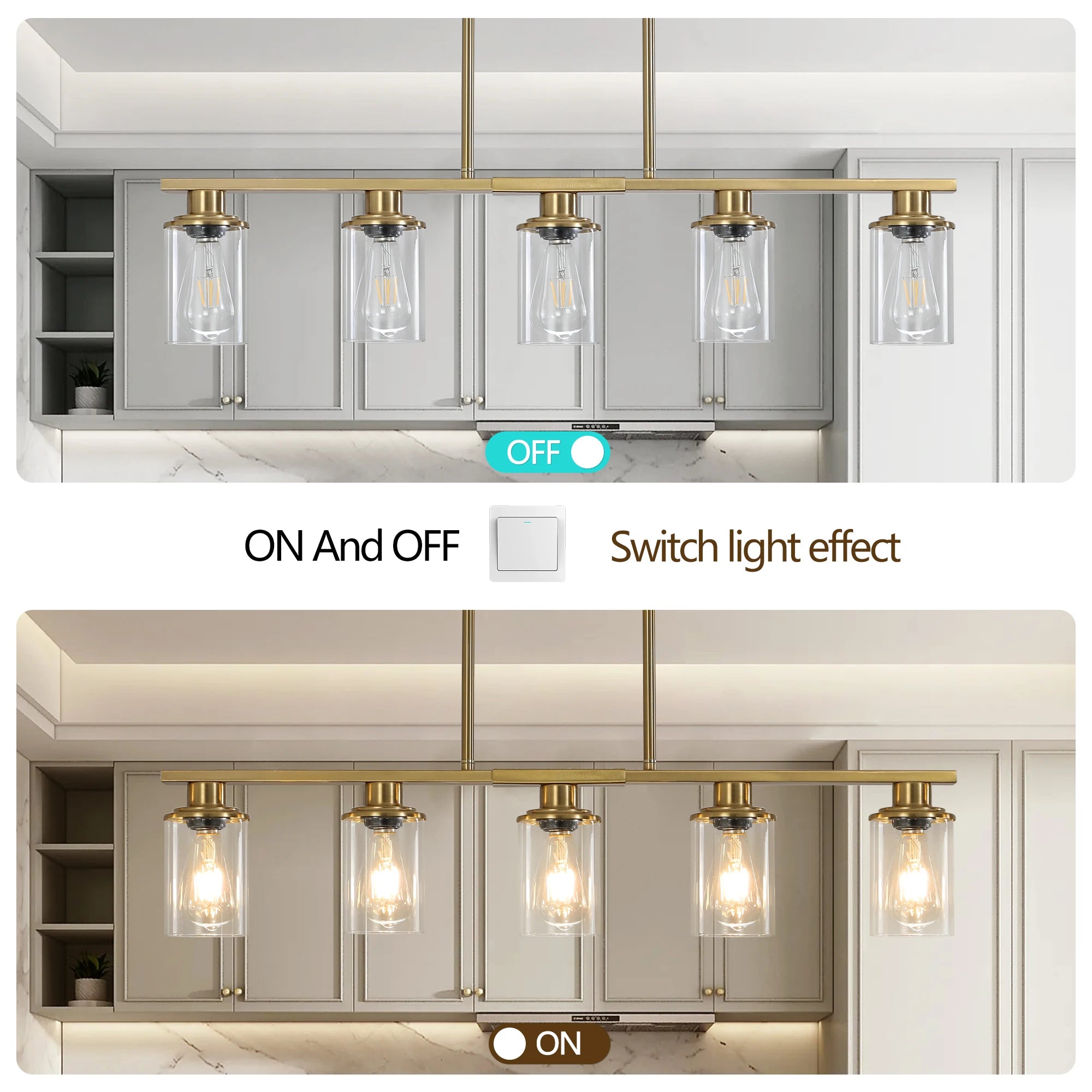 Industrial 5-Light Chandelier，Modern pendent lamp with Glass Shades, Golden Metal Frame Hanging Ceiling Light Fixture (No Bulbs)