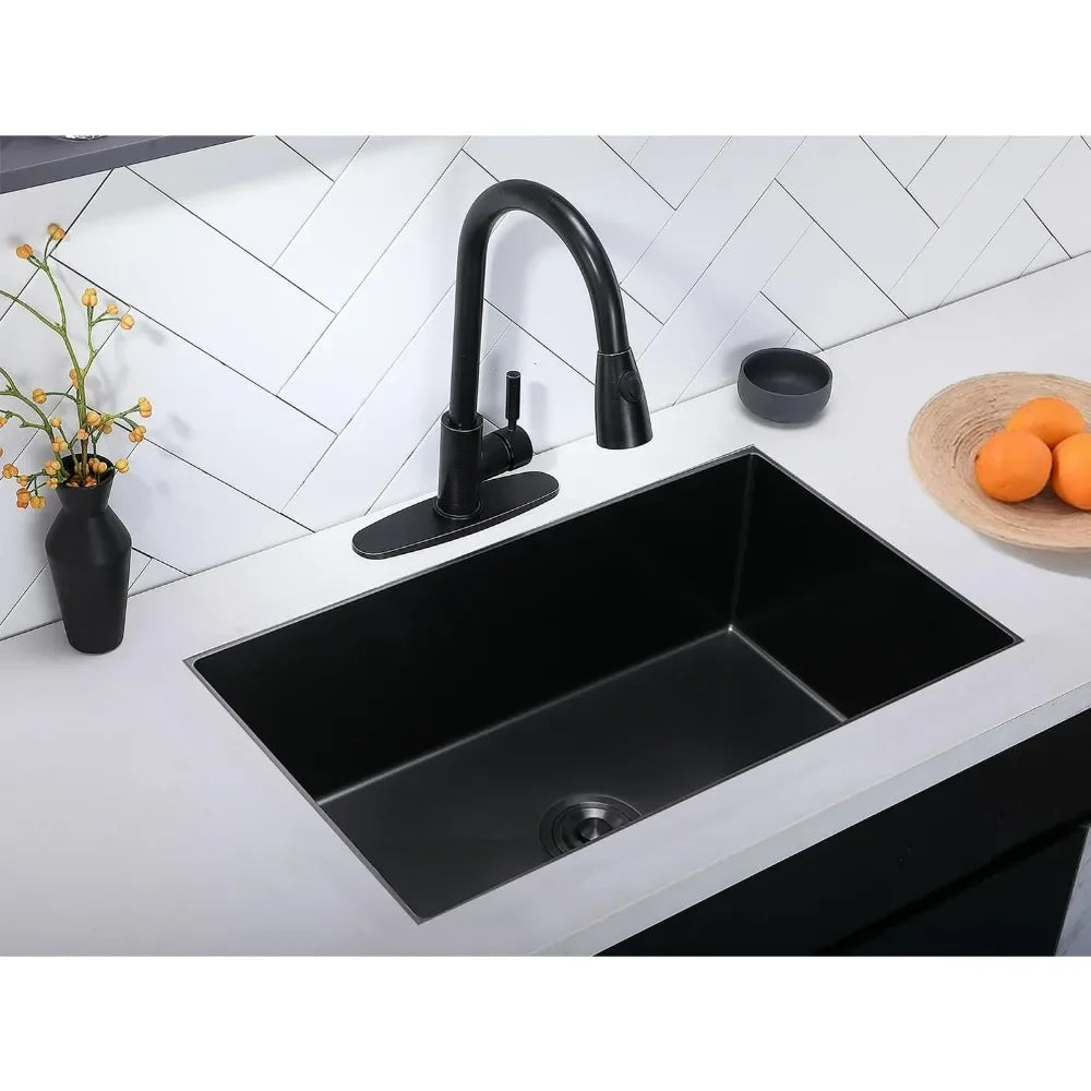 28 Inch Black Undermount Kitchen Sink, 9 Inch Deep Stainless Steel Single Bowl Kitchen Sink, Gauge  Nano Undermount Sinks