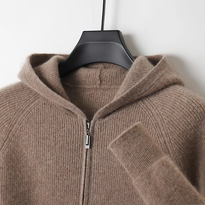 Men 100% Merino Wool Sweater Hooded Zipper Cardigan Autumn Winter Thickened Knit Large-size Jacket Long Sleeved Sportswear Coat