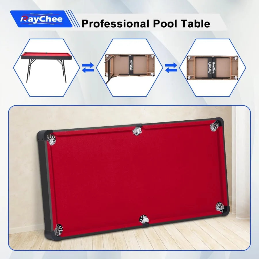 Portable Folding Pool Table with Locking Legs and Adjustable Feet Mini Billiard Game for Adults and Includes Balls Cues Triangl