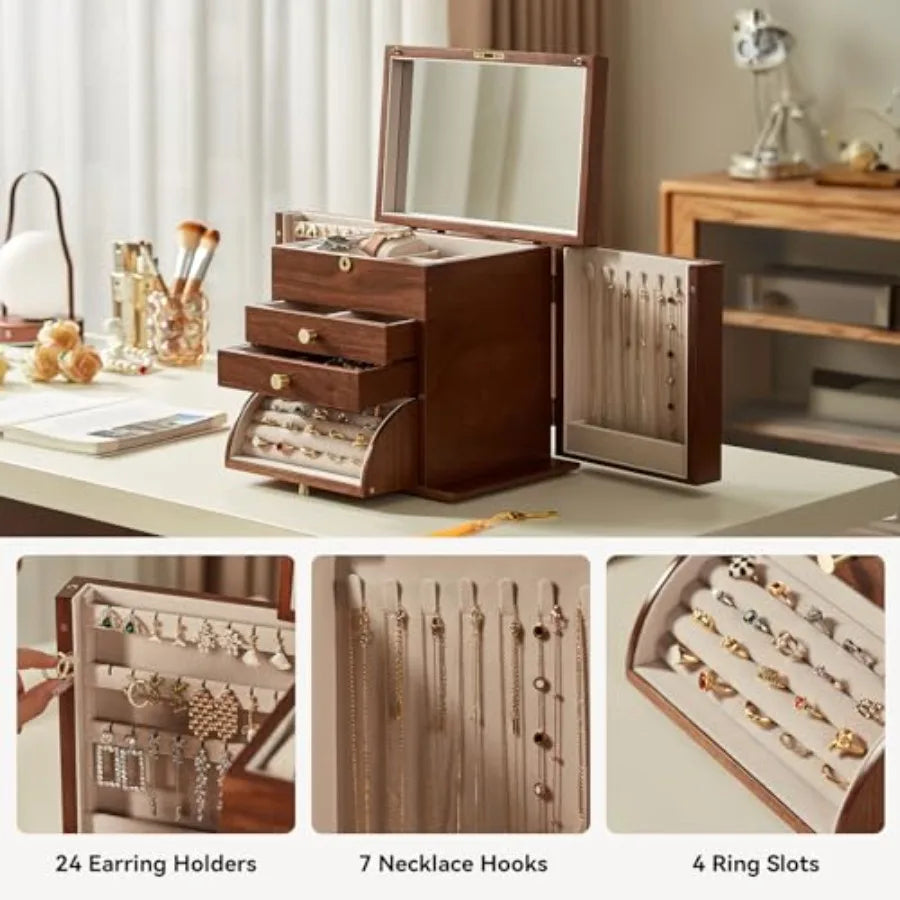 Black Walnut Wooden Jewelry Box Wood Jewelry Organizer with 2 Side Doors Mirror Lockable Classical for Watch Necklace Ring Earr
