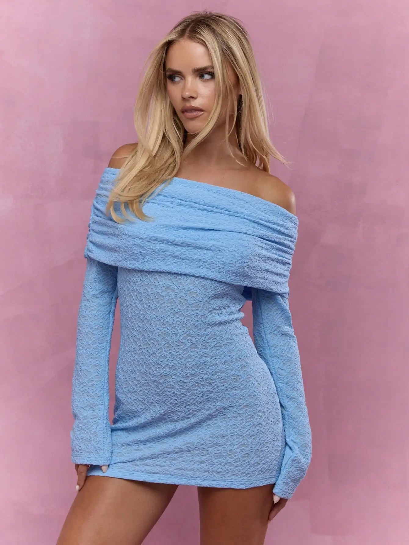 Textured Ruched Off Shoulder Long Sleeve Bodycon Mini Dress for Women