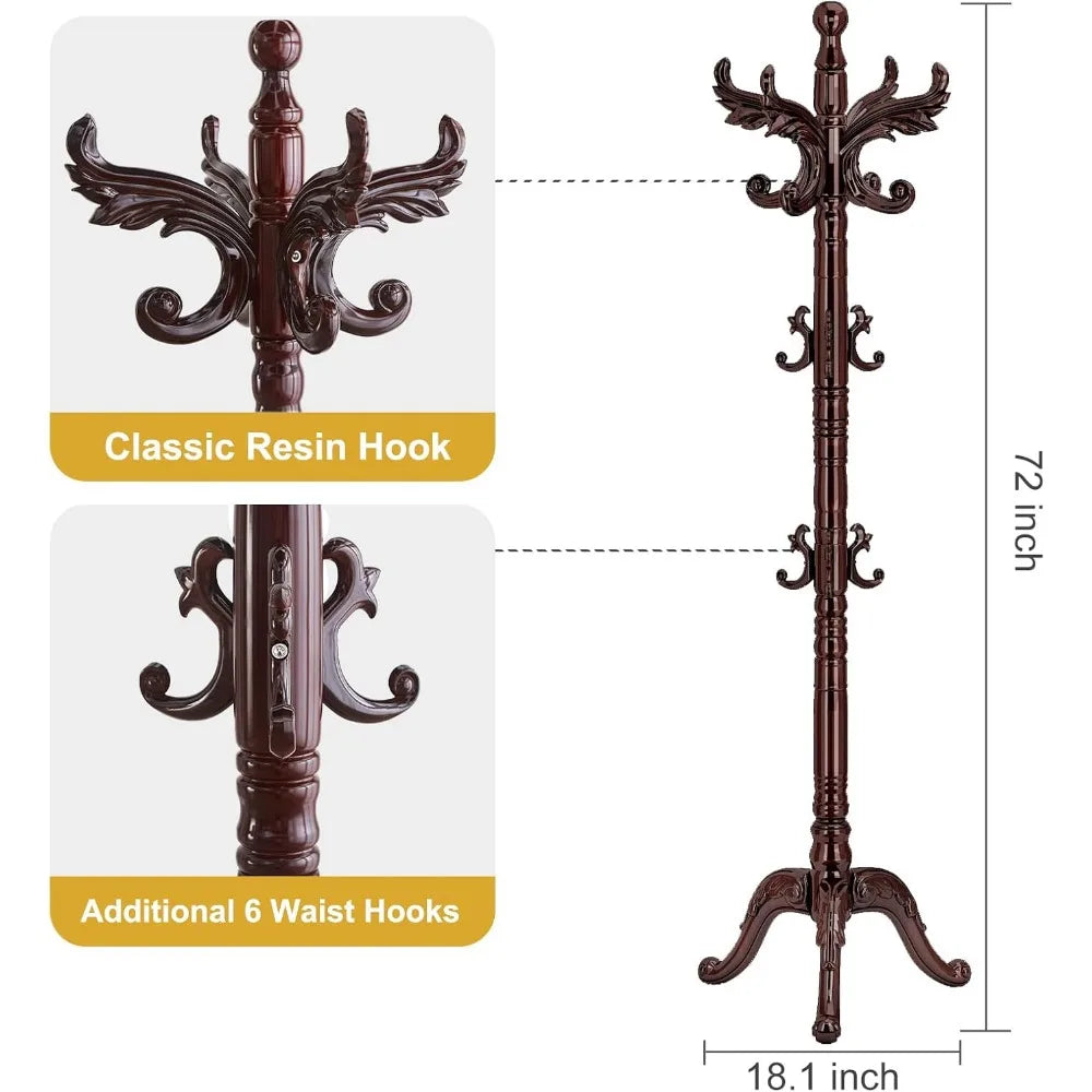 Sturdy Wooden Coat Rack with 14 Hooks, Adjustable Height Freestanding Hall Tree for Entryway Office
