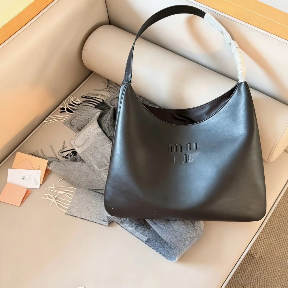 Black Leather Hobo Bag - Trendy Large Capacity Shoulder Bag with Embossed Logo, Fashion Women's Designer Handbag