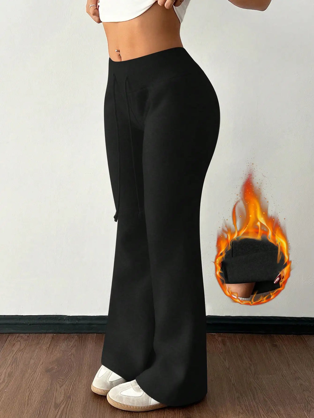 Plus Size Flared Sweatpants with Thermal Lining, Low Waist Drawstring, Casual Winter Pants for Women