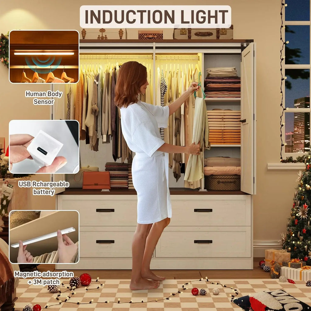 Farmhouse 4-Door Armoire with Sliding Barn Door, LED Lighting, Drawers & Hanging Rod, Antique White Freestanding Wardrobe