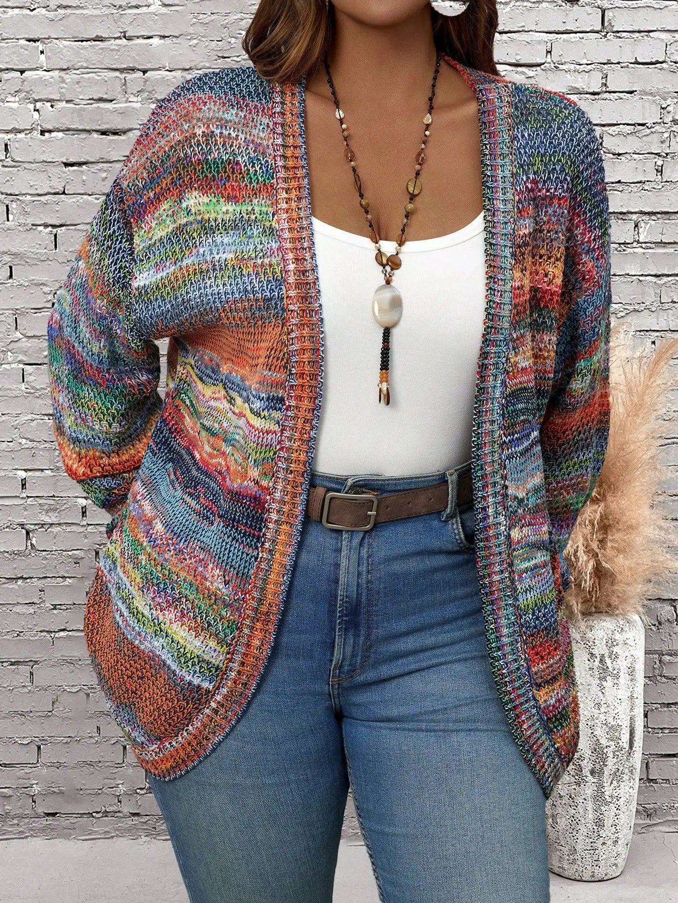 Plus Size Allover Print Casual Knitted Long Sleeve Cardigan, For Winter Fall