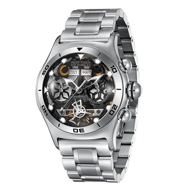 【REEF TIGER】 Men's watch with pure skeleton tourbillon, imported fully automatic mechanical watch for men