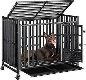 42 inch heavy duty dog crate, upgraded thickened steel frame indestructible kennel for large & high anxiety dogs, escape proof d