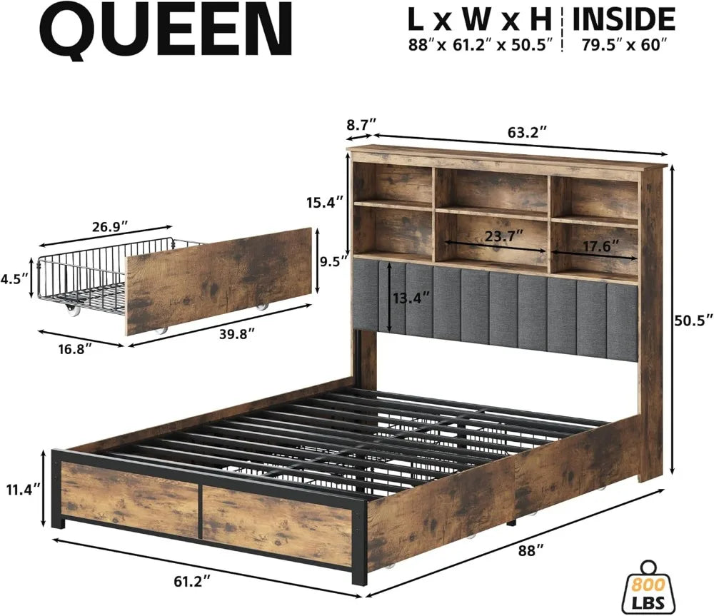 Queen Bed Frame with Headboard, High Storage Bookcase, 4 Drawers, LED Lights & Charging Station, Noise-Free Metal Support