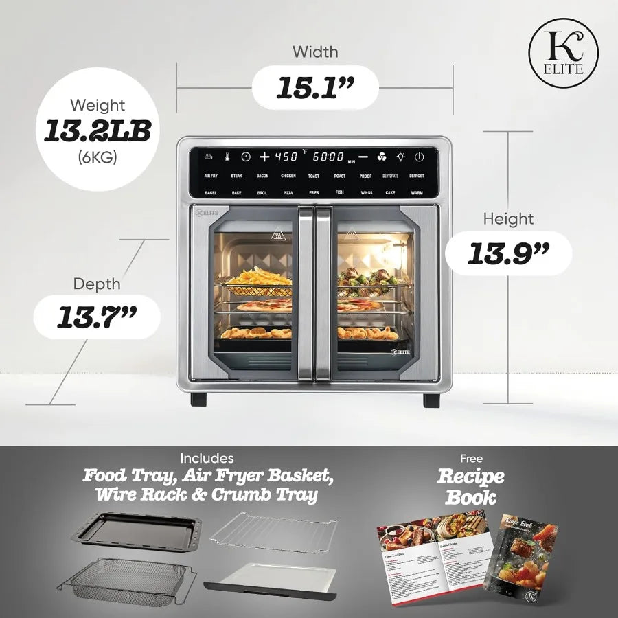 Kitchen Elite 16 Quart French Door Air Fryer Oven Family Size Countertop Convection Cooker with LED Display Stainless Steel Ide