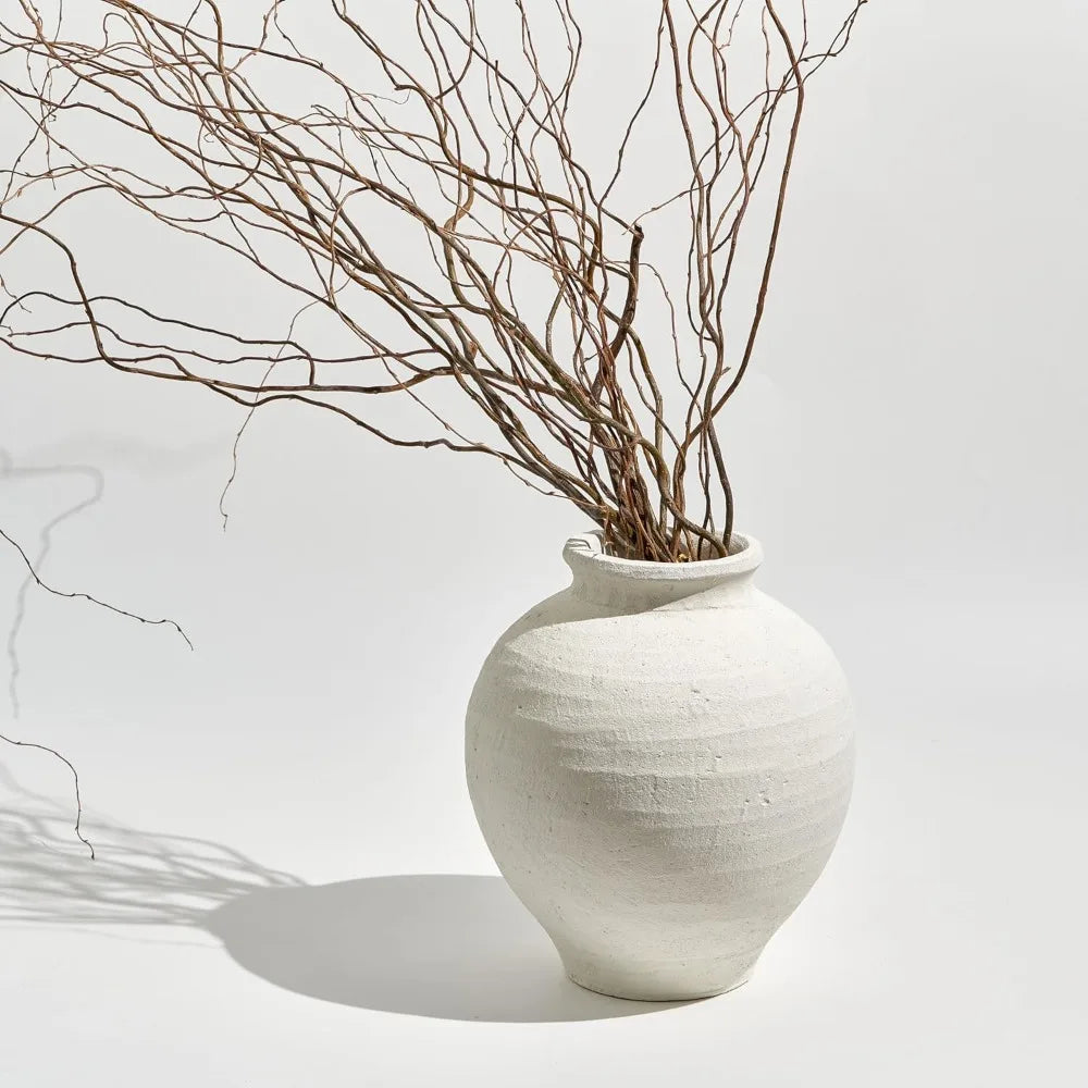 Large White Ceramic Zen Vase, 11 Tall Rustic Style, Terra Cotta Pitcher, Distressed Farmhouse Decor, Pottery Art, Long Tail Home