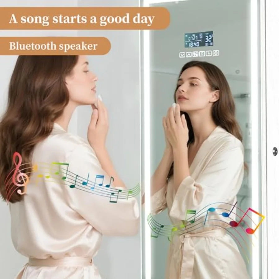 LED Mirror Jewelry Cabinet with Bluetooth Speaker Wall/Door Mounted Jewelry Organizer Armoire Full Length Lighted Mirror with J