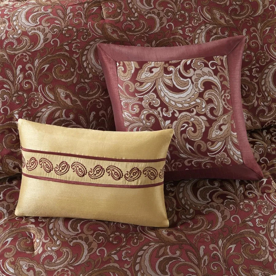 King Size Faux Silk Comforter Set with Jacquard Paisley Design and Matching Curtains Red Down Alternative Hypoallergenic All Se