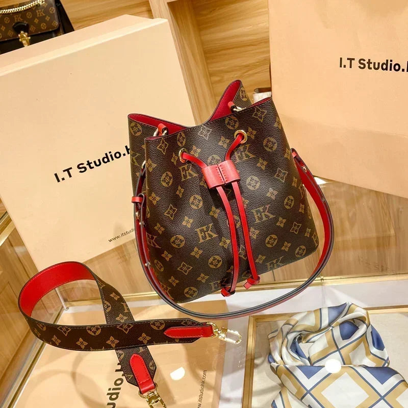 Luxury string Neonoe Drawstring bucket Genuine Leather purse women with Pouch shoulder Bucket Bags BL2