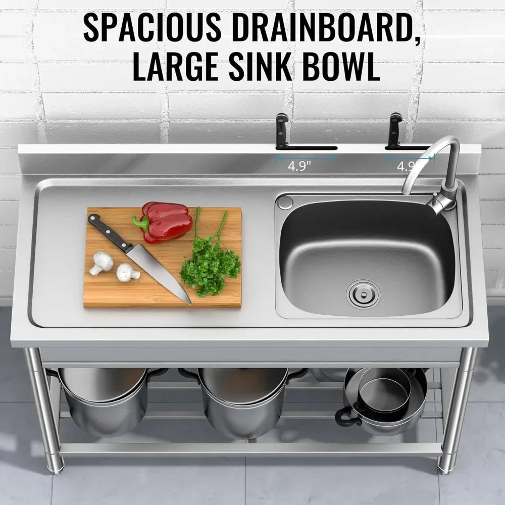 Stainless Steel Sinks, Free Standing Kitchen Sink with Countertop Workstation, Utility Sink Single Bowl