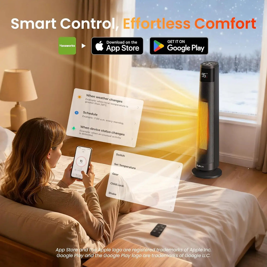 Indoor Electric Space Heaters, 1500W PTC Ceramic Heater with APP & Remote Control, 70° Oscillation for 220 sq.ft, 3 Heat