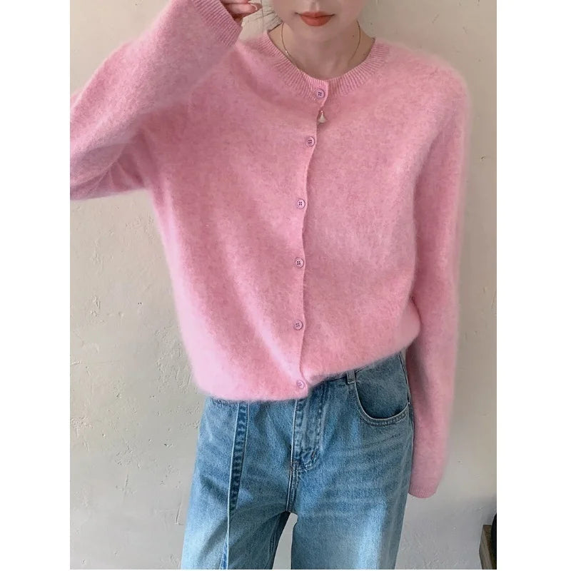 Women Fleece Wool Cashmere Sweater Cardigan Autumn Winter Round Neck Seamless Single Breasted Soft Knitwear