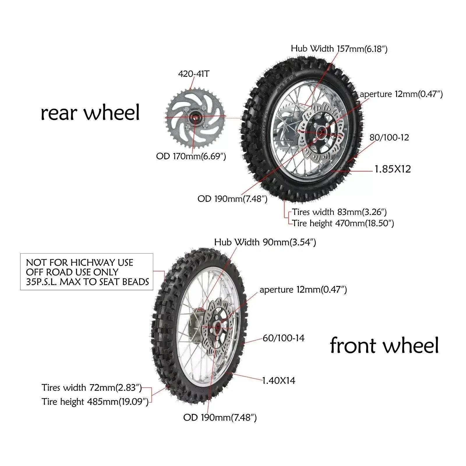 60/100-14 + 80/100-12 Tire Rim Wheel Combo Dirt Pit Bike Coolster DRZ110 SSR KX65 50cc-125cc