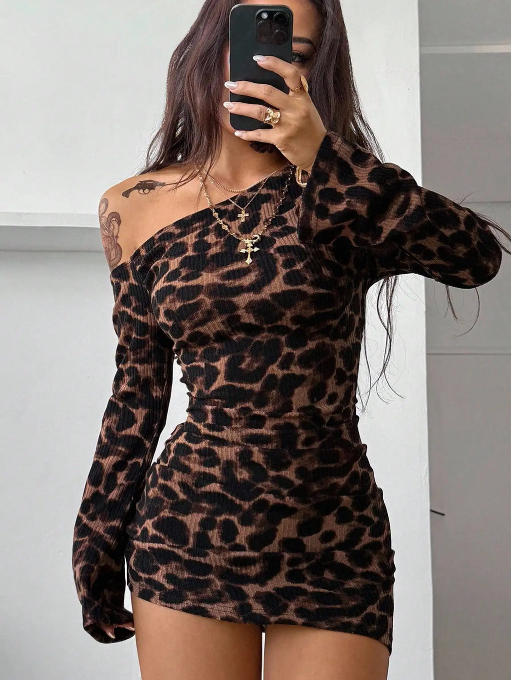 Women's Leopard Print Rib Knit Asymmetrical Neck Long Sleeve Mini Dress for Date Night