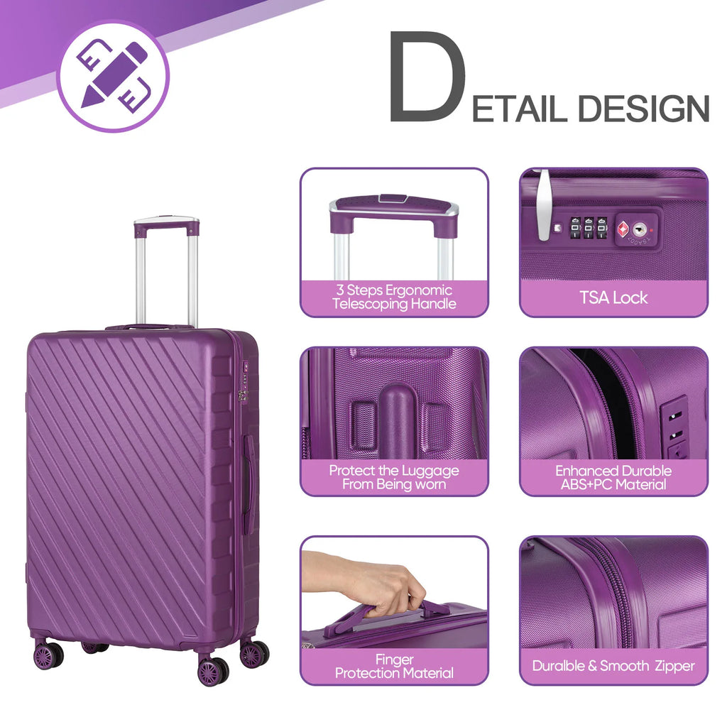 5-Piece ABS Hardshell Luggage Set with TSA Lock & Cosmetic Bag - 360° Spinner Wheels Carry-On/Check-In for Travel, Purple