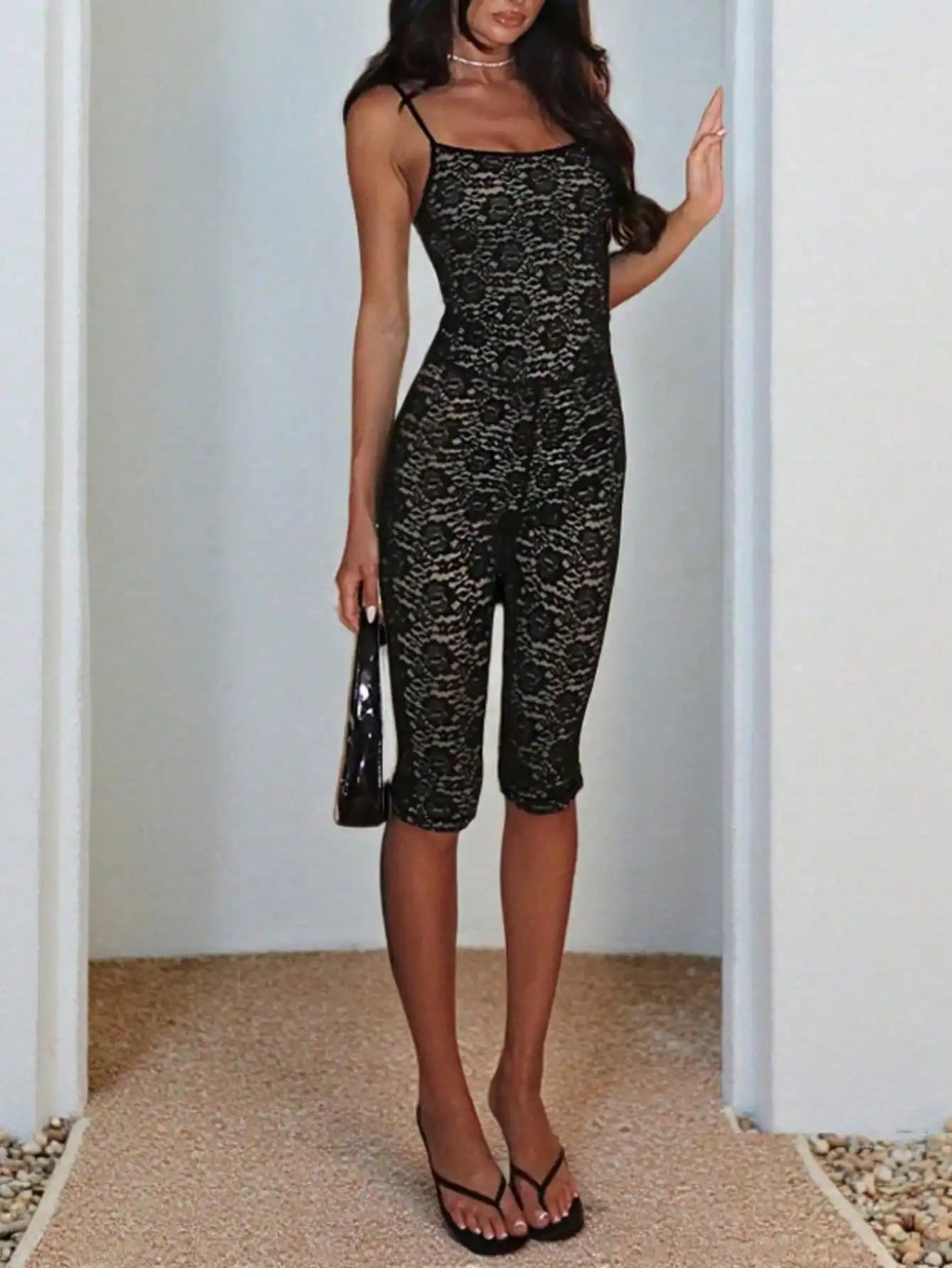 New Lace Trim Sports Romper - Sleeveless Cami Top & Slim Fit Crop Leg Jumpsuit