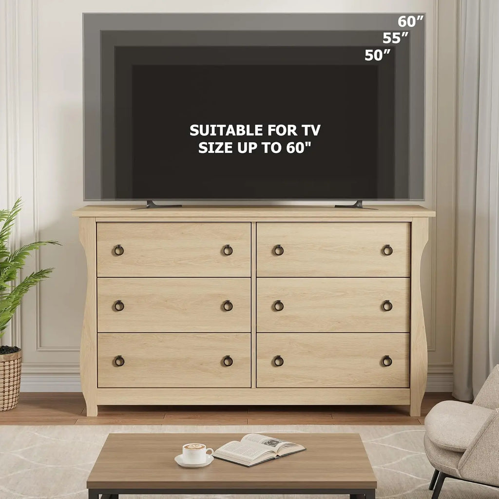 47 in Wide Chest of Drawer Modern Wood 6 Drawer Dresser with Black Ring Pull Handles Storage Organizer for Living Room Bedroom
