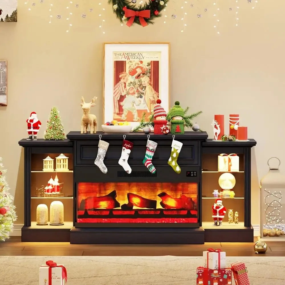 3-Sided  Electric Fireplace TV Stand, 70 Farmhouse Style, Fits TVs up to 75, Mantel, Adjustable Shelves, LED Lights，Customized