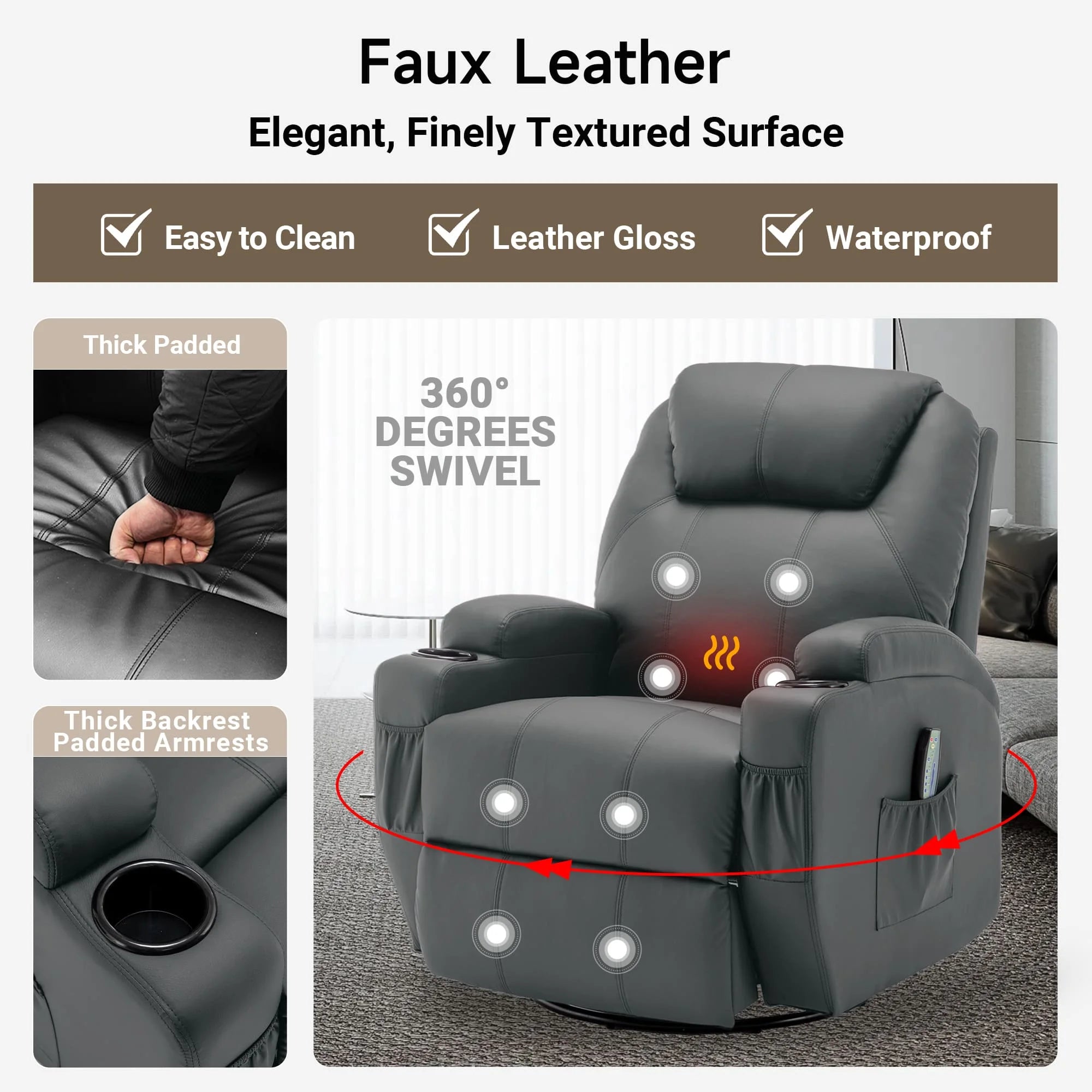Recliner Chair with Massage and Heat, 360° Swivel Rocking Chairs for Adults, Remote Control and Cup Holder for Living Room