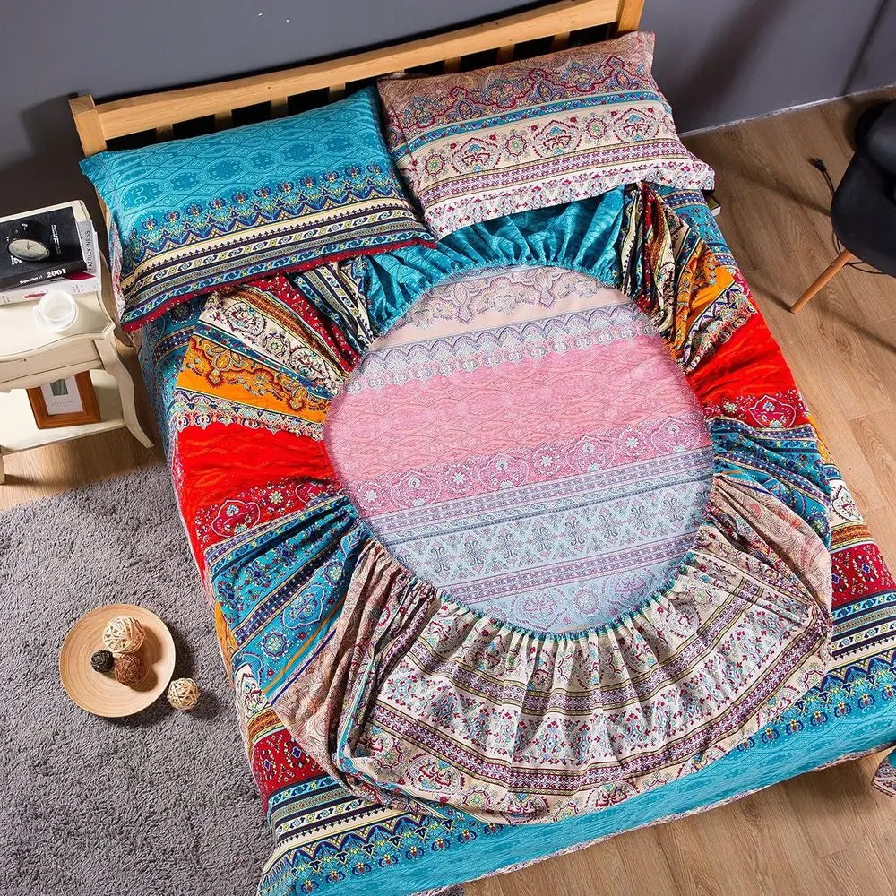 Full Size Bohemian Striped Duvet Cover Set, Brushed Cotton Boho Bedding, No Comforter Included, Fitted Sheet Included