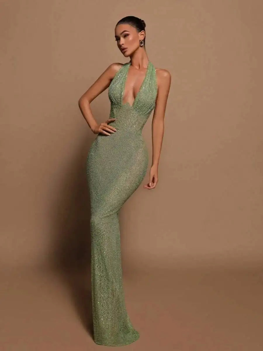 Elegant Halter Deep V Neck Sequin Maxi Dress for Evening Parties