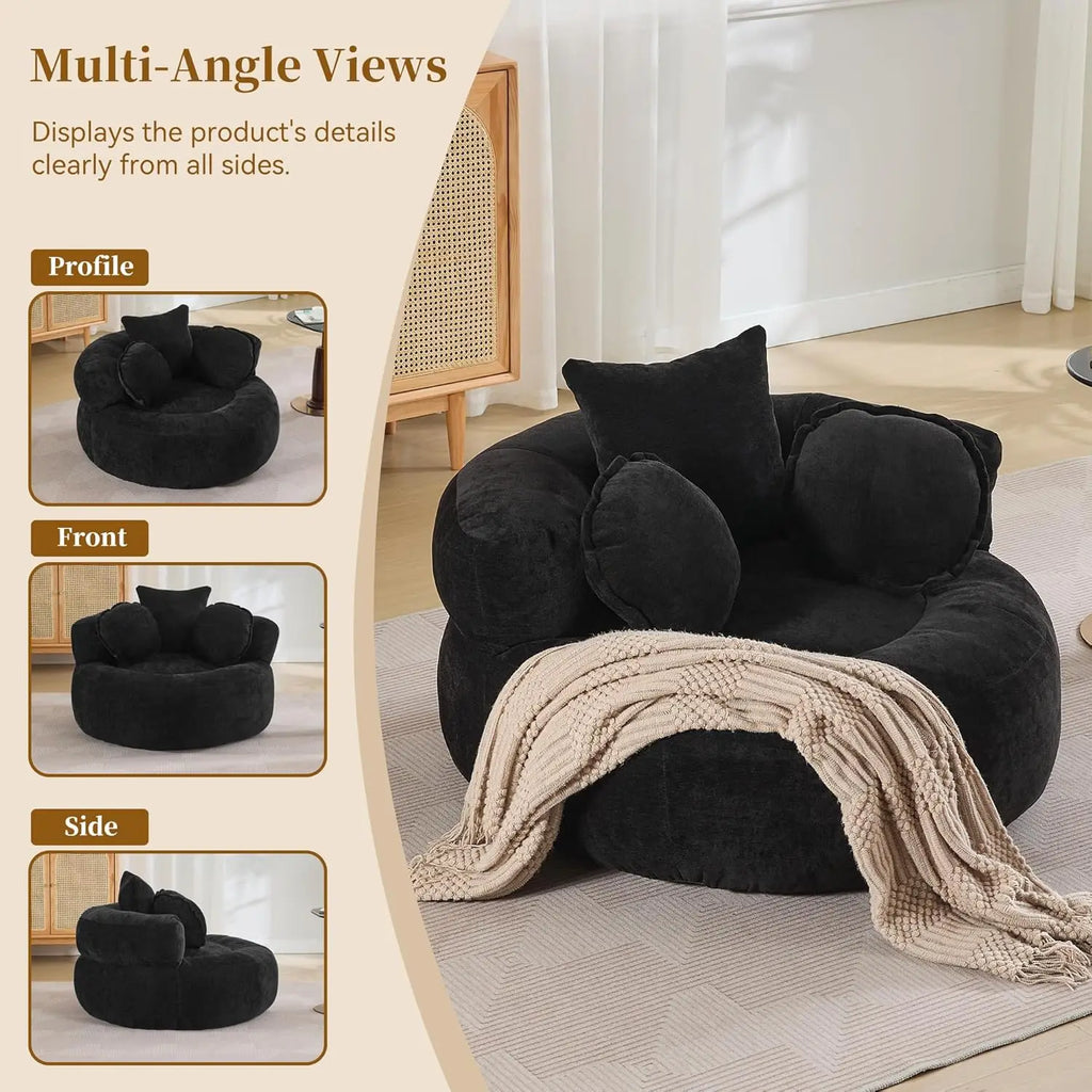 Oversized Chair Floor Sofa Chair, Chenille Compressed Circle Chaise Lounge, No Assembly Boneless Barrel Chair, Lazy Bean B