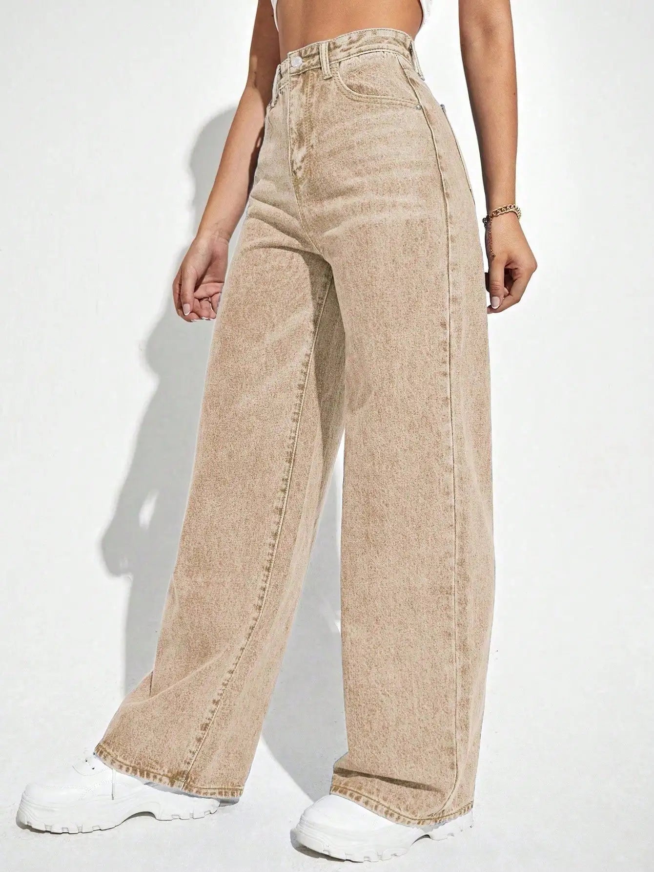 High Waist Wide Leg Jeans for Women, Beige Denim Trousers with Relaxed Fit and Casual Style