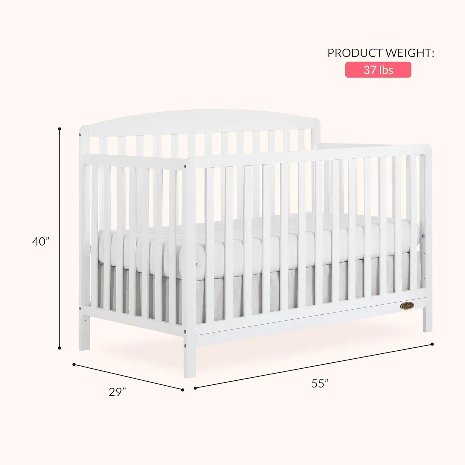 5-in-1 Convertible Full-Size Baby Crib in White, Converts to Toddler & Bed, Sustainable Pinewood, Adjustable Mattress