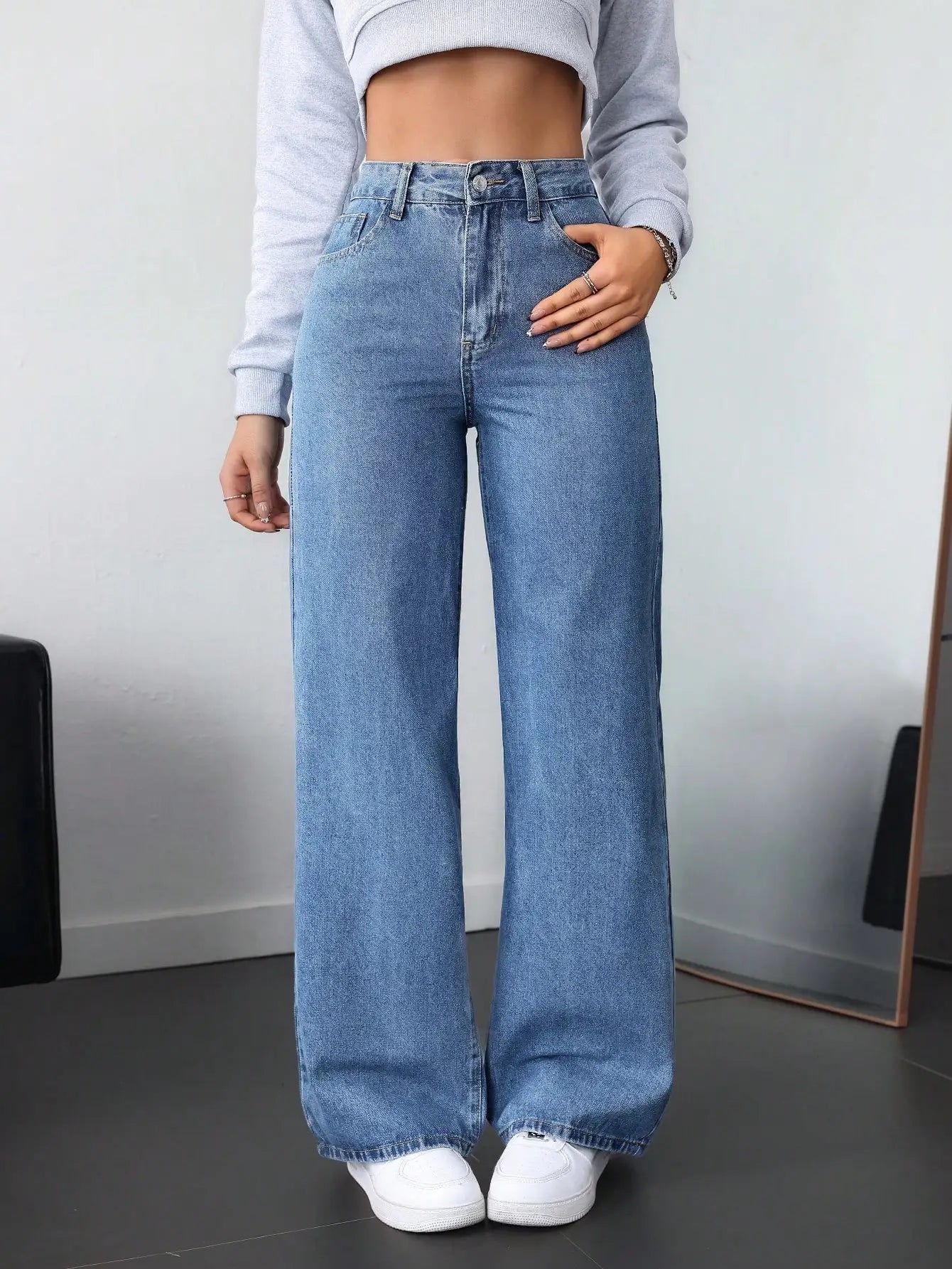 High Waist Wide Leg Black Denim Jeans for Women, Casual Streetwear Style