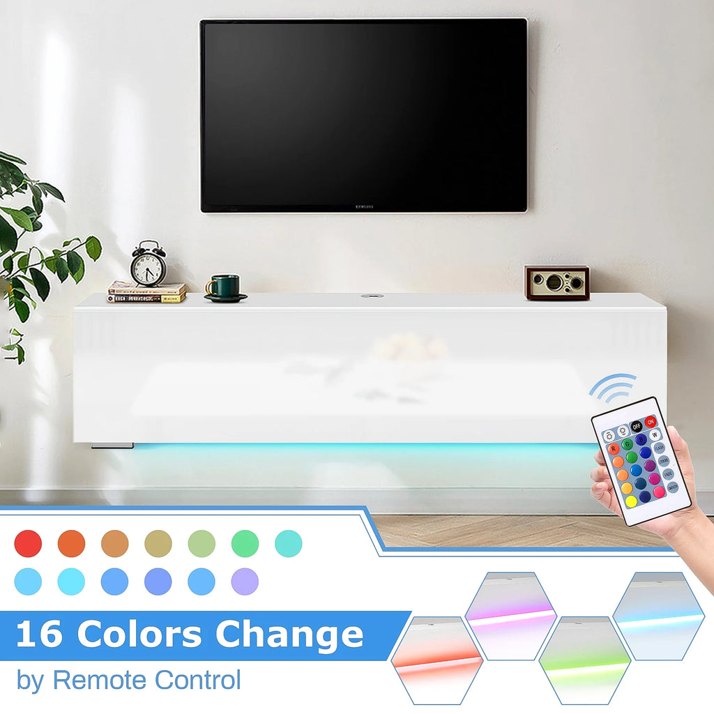 Floating TV Stand with Led Light for TVs up to 63", Modern High Gloss Entertainment Center White Wall Mounted TV Media Cabinets