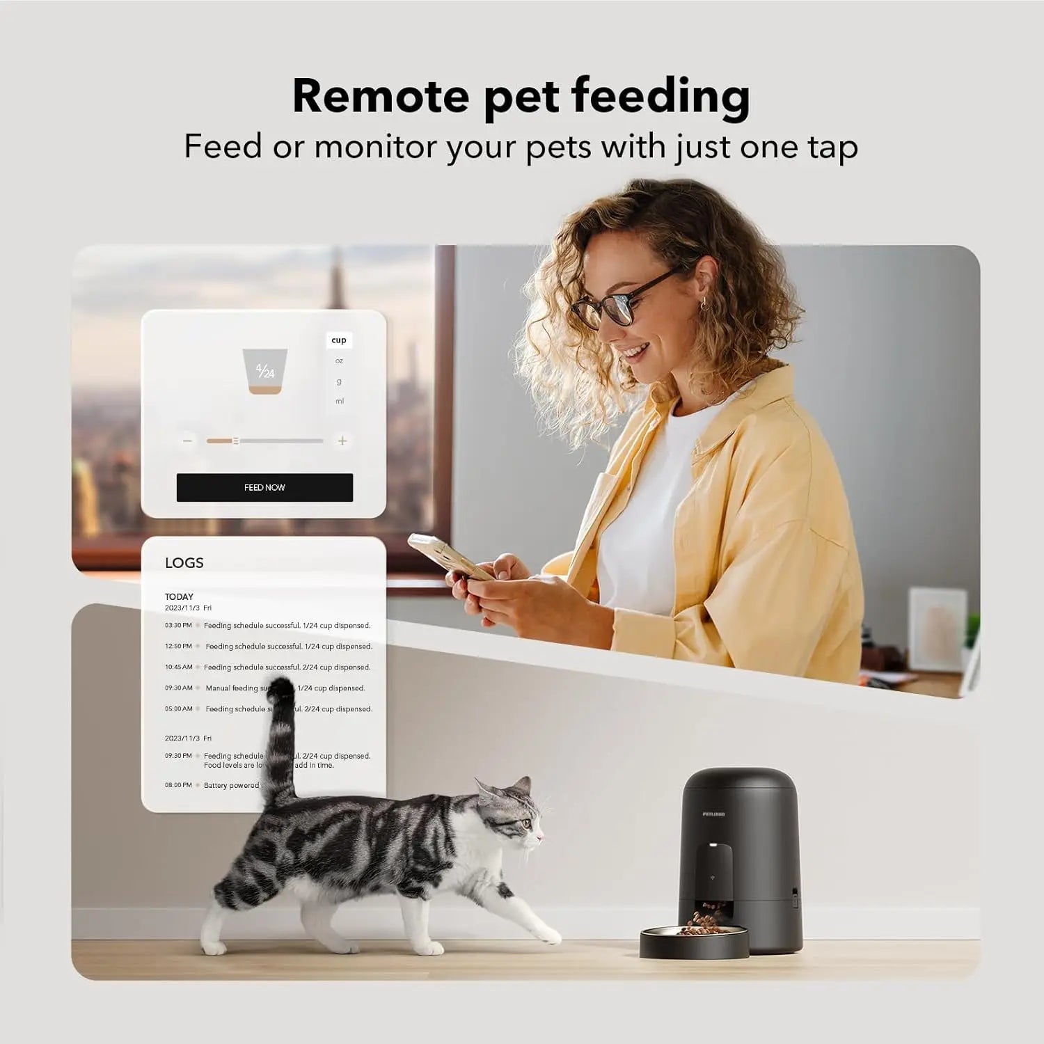 Wi-Fi Automatic Cat Feeder, 2L Rechargeable Pet Food Dispenser, 30-Day Battery, Black